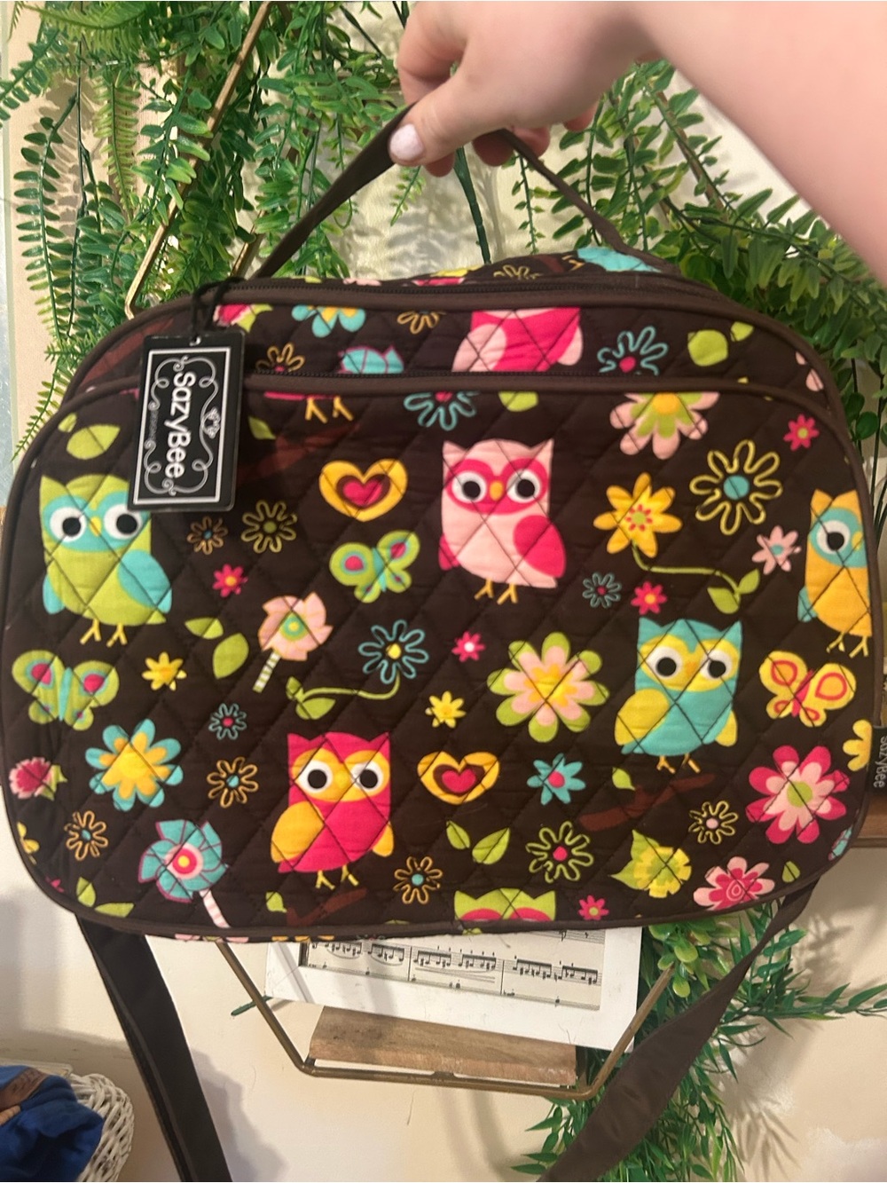 Brown Quilted Owl Print Crossbody diaper Bag
